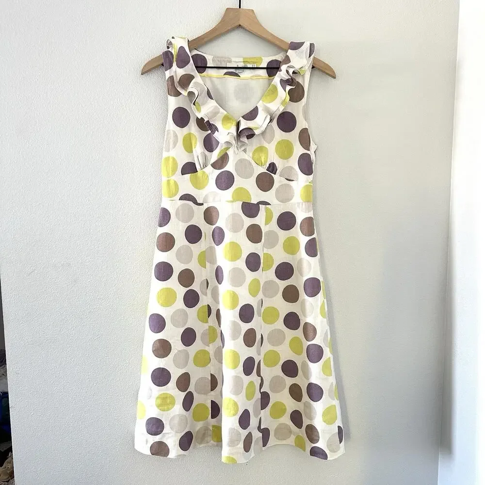 Boden 100% Linen Polka Dot Midi Dress Sz 4 Ruffle V-Neck Purple green Boho Indie